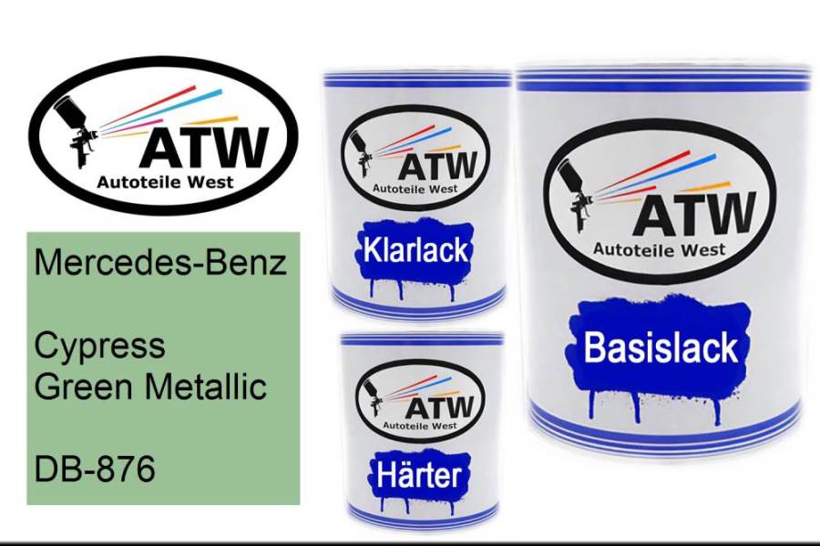 Mercedes-Benz, Cypress Green Metallic, DB-876: 1L Lackdose + 1L Klarlack + 500ml Härter - Set, von ATW Autoteile West.